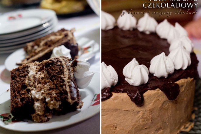 Tort mocno czekoladowy z bezami i suszonymi śliwkami